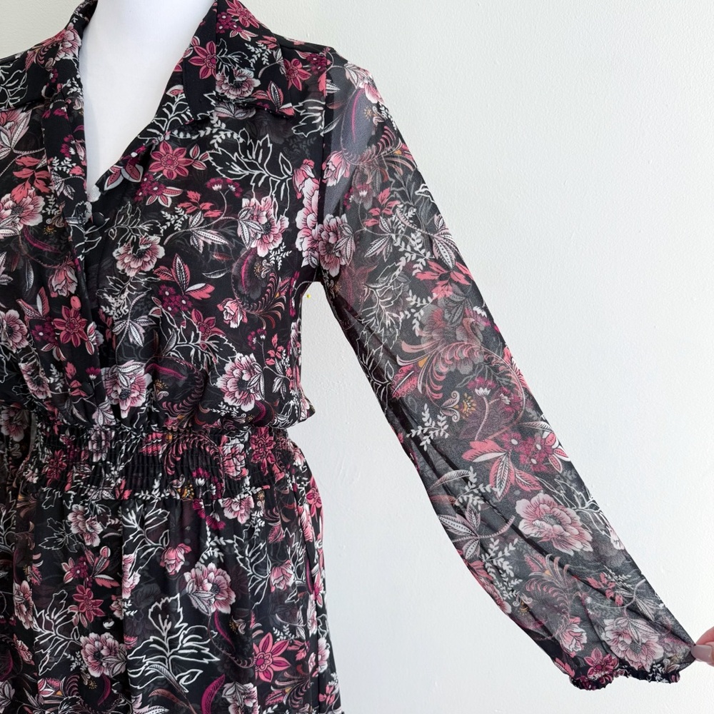 MISA MAYLI BLACK PINK WHITE FLORAL PRINT LONG SLEEVE COLLARED BUTTON UP DRESS - Picture 3 of 17